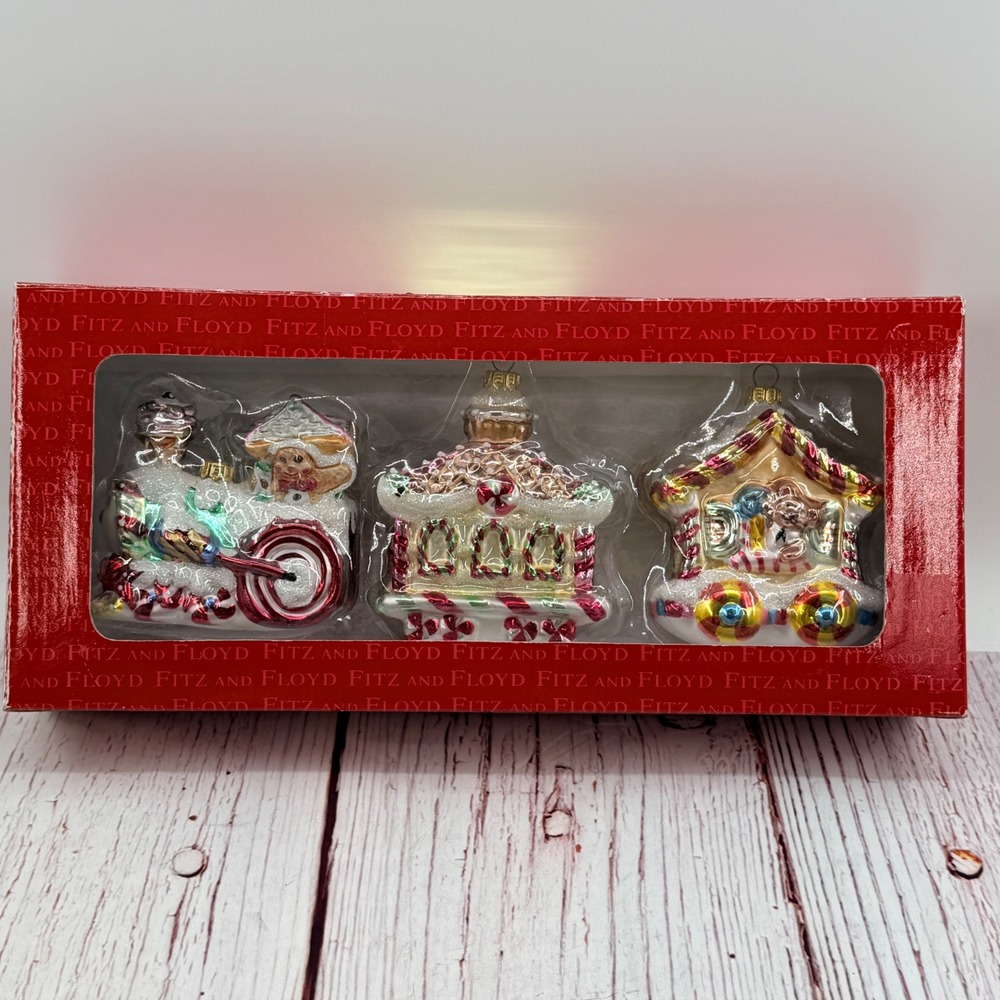 Fitz and Floyd Classics Candylane Glass Train Ornaments Set 3 Piece 19/1120